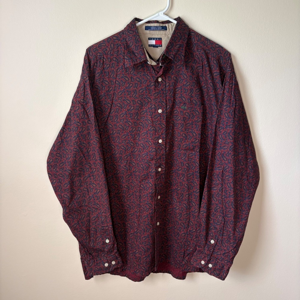 Y2K Tommy Hilfiger Shirt Mens L Burgundy Paisley Long Sleeve Button Down 2000s